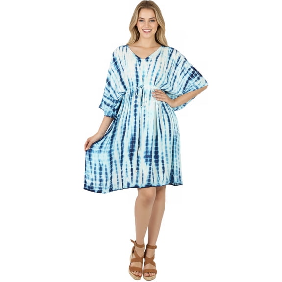 HAPPY BAY Women's Summer Relaxed Fit Caftan Short Loungewear 1X-2X Navy, Tie Dye