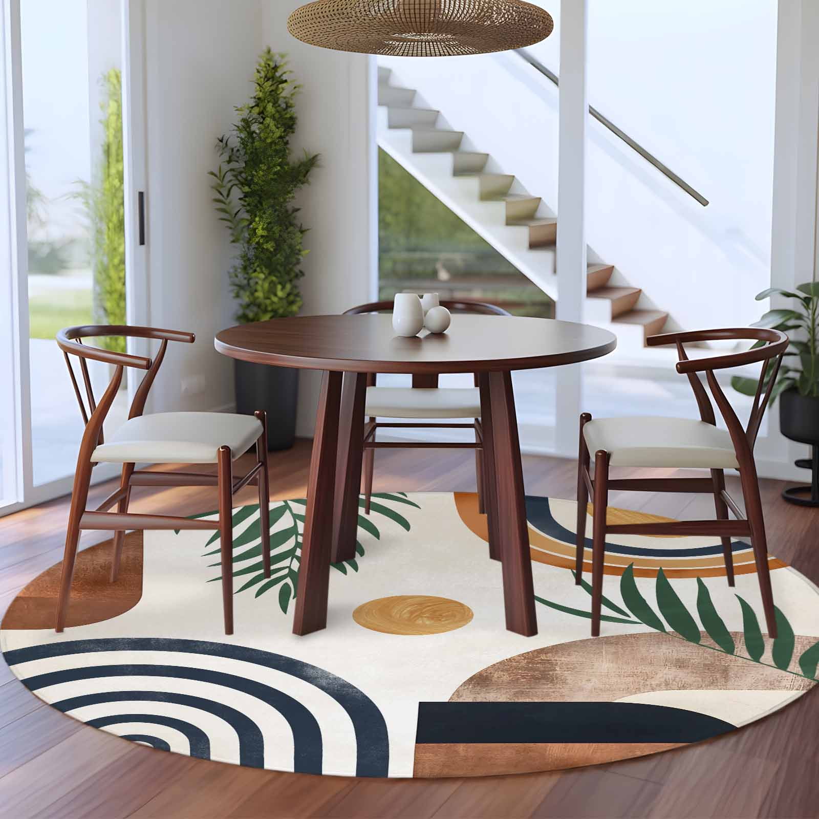 Boho Middle Century 6ft Round Rug, Modern Abstract Botanical Geometric Non-Skid Rubber Backing Large Area Rugs - Living Room Bedroom Home Office, Indoor Floor Mat Carpets Washable Rug