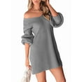 thumbnail image 2 of Women'S V-Neck Puff Sleeve Knitted Sweater Dress Autumn and Winter Casual Knitted Pullover Long Sleeve Dress Grey L, 2 of 9