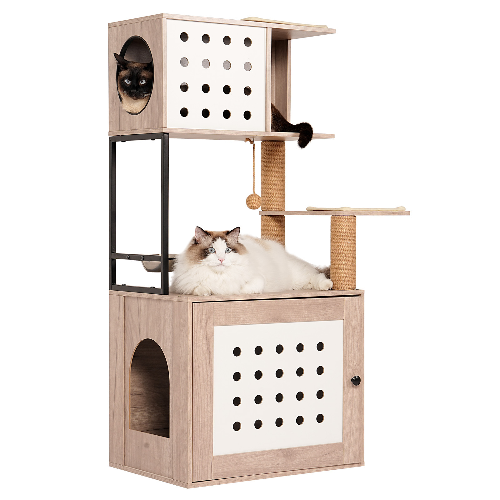 YIYADO Cat Tree with Litter Box, Indoor Cat Integrated Cat Tower with Large Hammock, Bed, Food Station, Scratching Post, Modern Style Pet Furniture, Gray + White