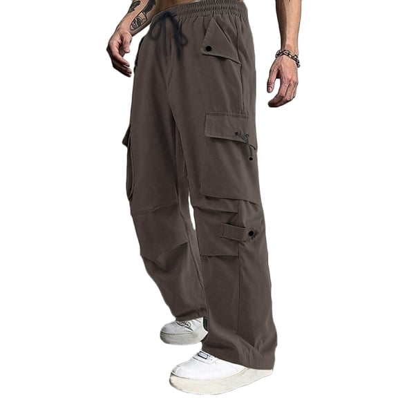 USNSM Parachute Pants for Men Baggy Wide Leg Joggers Cargo Pants Drawstring Elastic Waist Trousers with Multiple Pockets Gray S