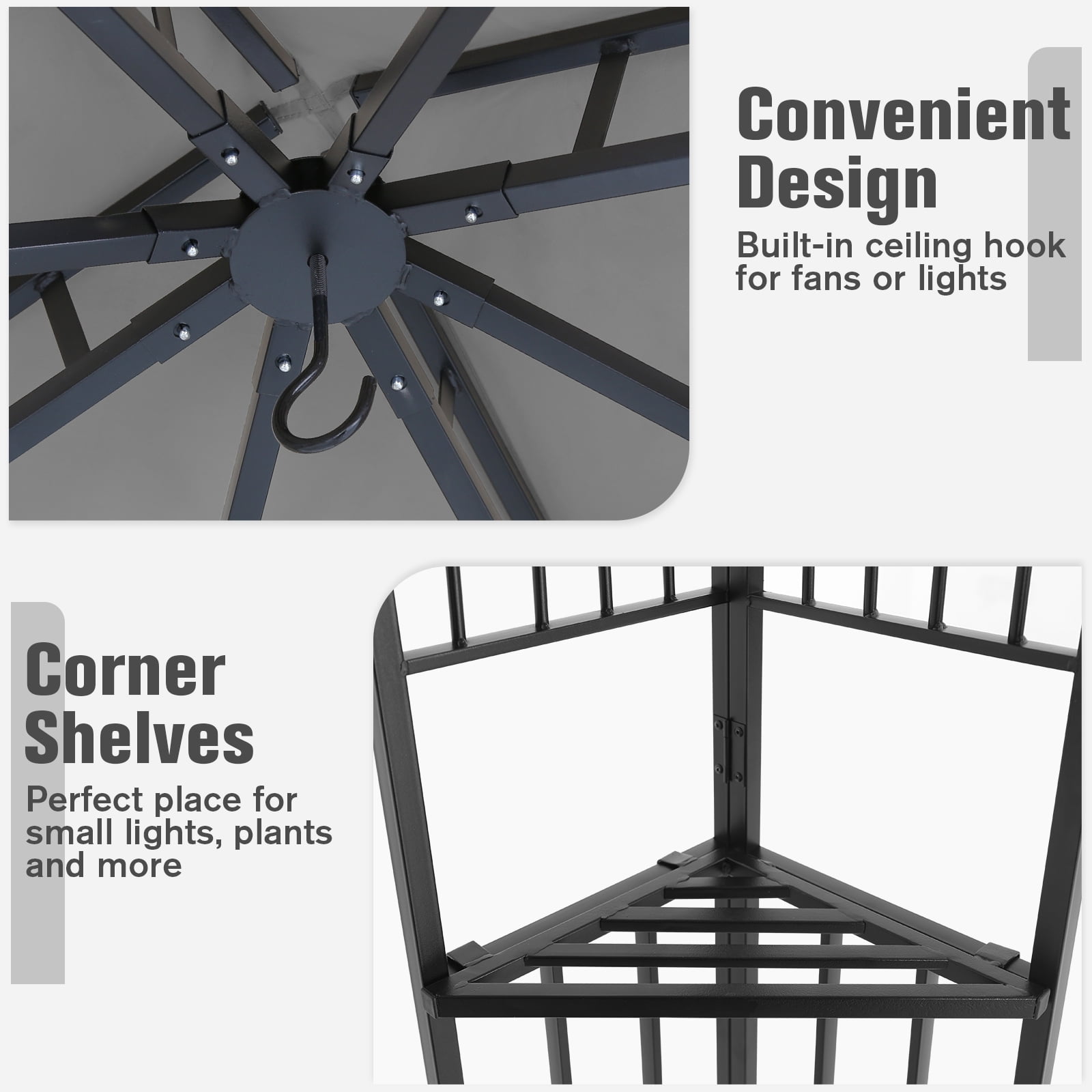COOS BAY 8 ft. W x 8 ft. D Gray Outdoor Patio Soft Vented Top Gazebo with Zipped Netting, Corner Shelves, Ceiling Hook