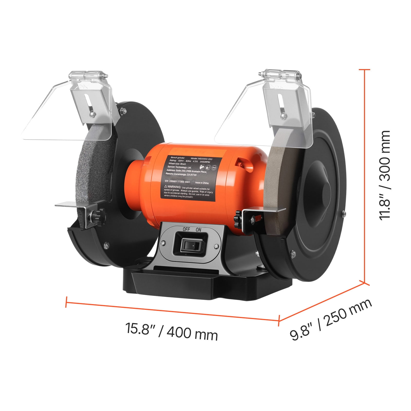 KFFKFF 8-Inch Bench Grinder with 3450RPM Speed, 350W Induction Motor, Dual 36/60-Grit Wheels, and Adjustable Eye Shield for Efficient Sharpening and Grinding
