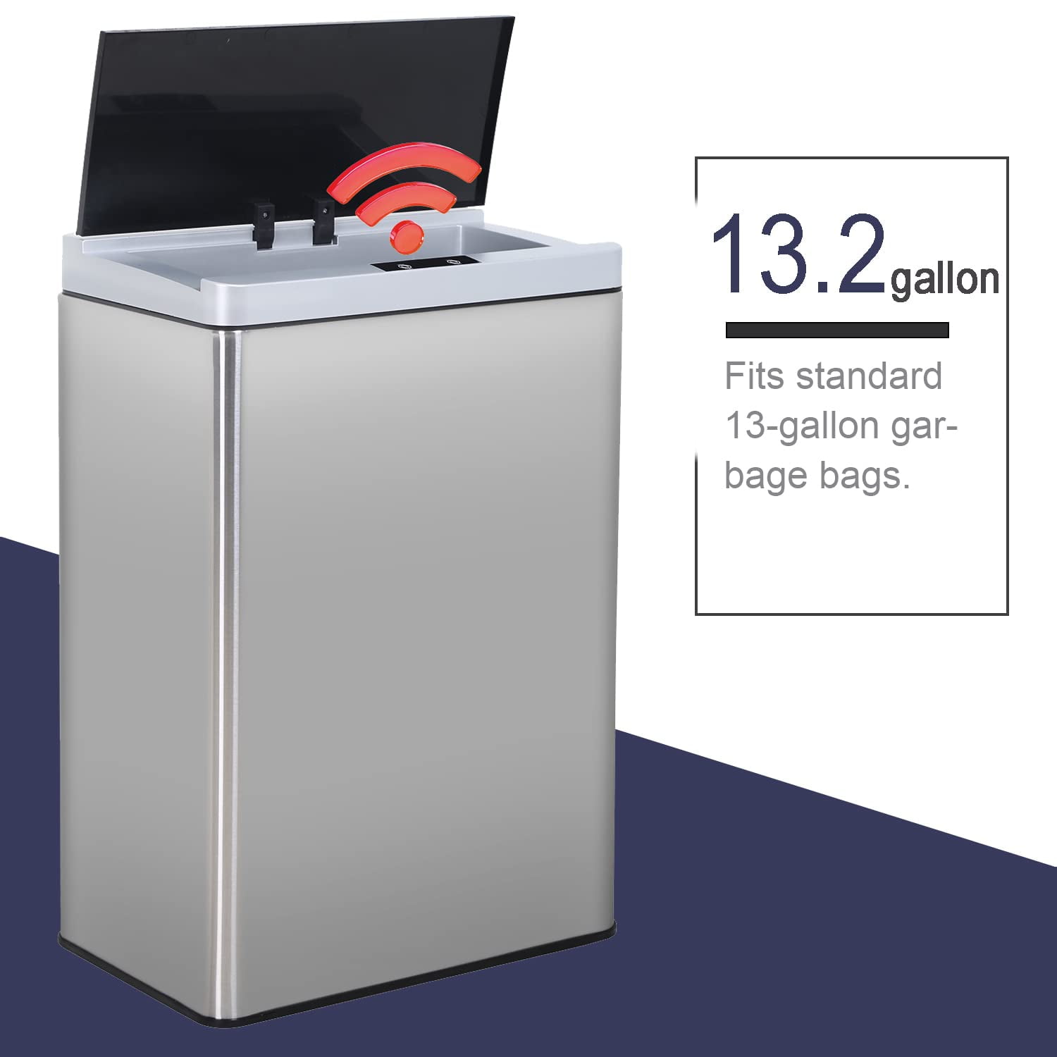 NiamVelo 13 Gallon Kitchen Trash Can with Lid, Automatic Touch Free Stainless Steel Garbage Can for Home Office, Silver