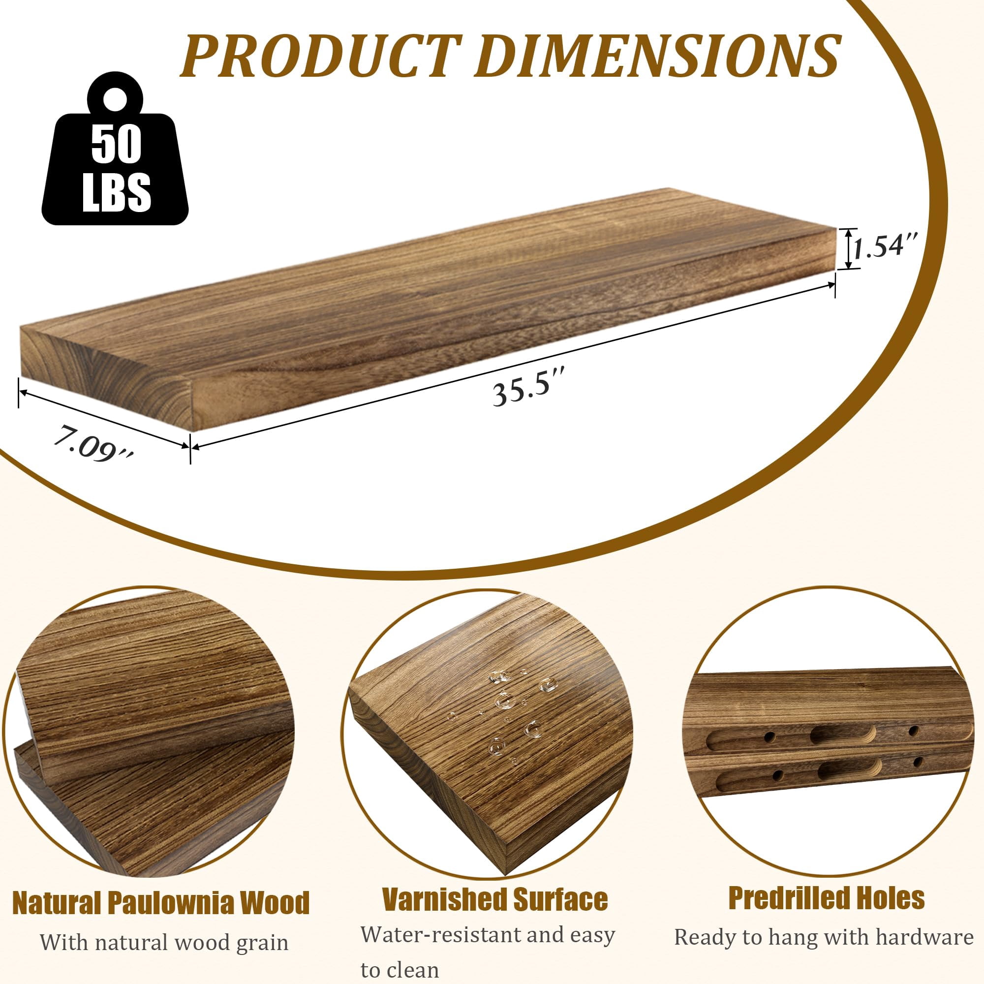 Floating Shelves for Wall Set of 2-Rustic Brown Solid Wood Wall Mounted Shelves,36" Long x 7" Deep x 1.6" Thick,Heavy Duty Shelving for Bedroom, Living Room, Kitchen, Bathroom (16inch)