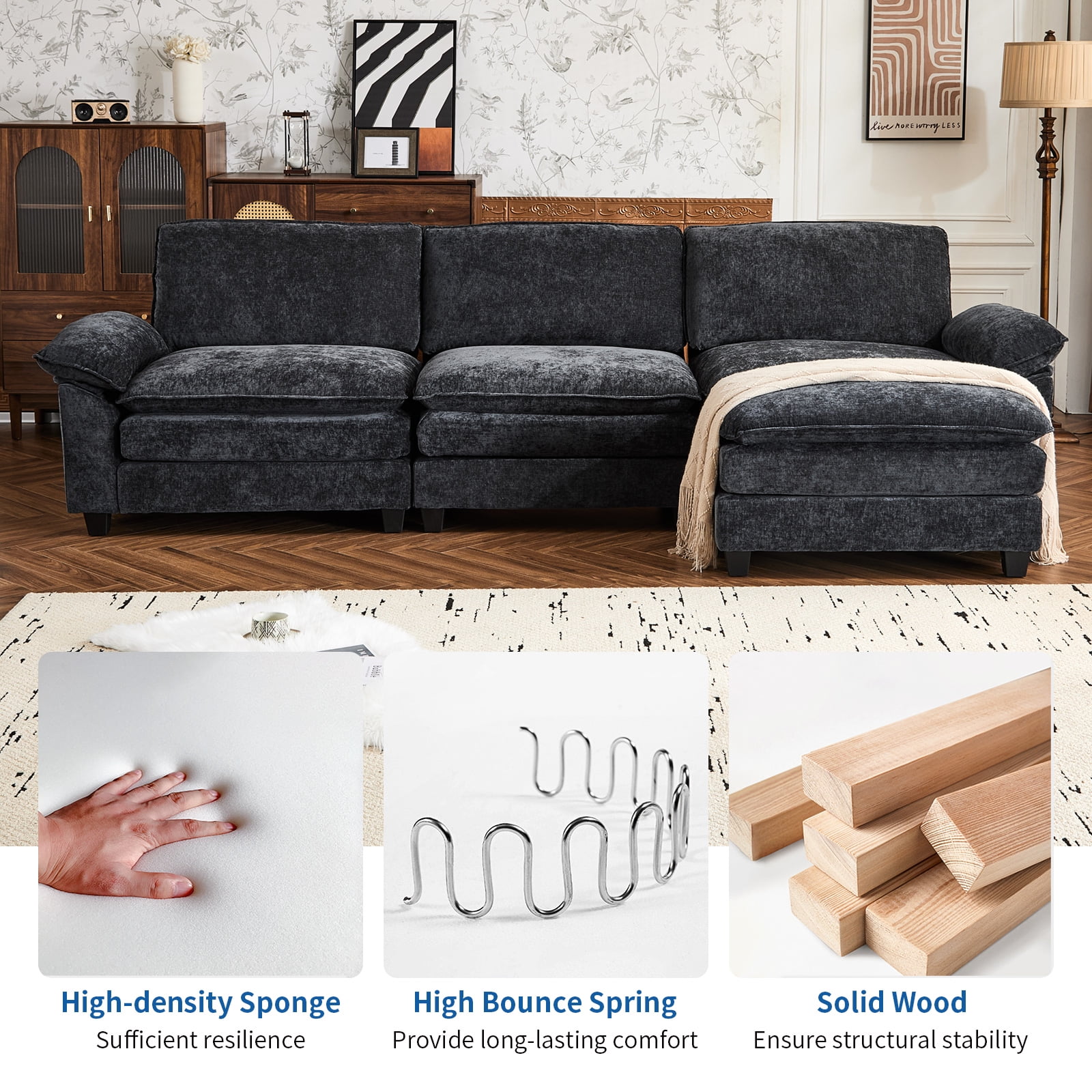Capri 122" Oversized Sectional Couch, L Shaped Cloud Couch, Convertible Sofa Set for Living Room, Chenille, Black