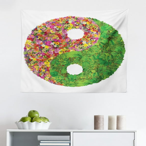 Ying Yang Tapestry, Traditional Yin Yang with Tao Mandala Pattern Floral Style Design, Fabric Wall Hanging Decor for Bedroom Living Room Dorm, 2 Sizes, Pink, by Ambesonne