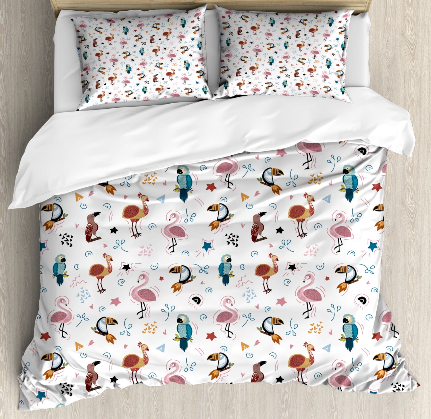 Bird Duvet Cover Set, Various Exotic Birds Parrot Toucan Flamingo Star and Heart Shapes Pattern