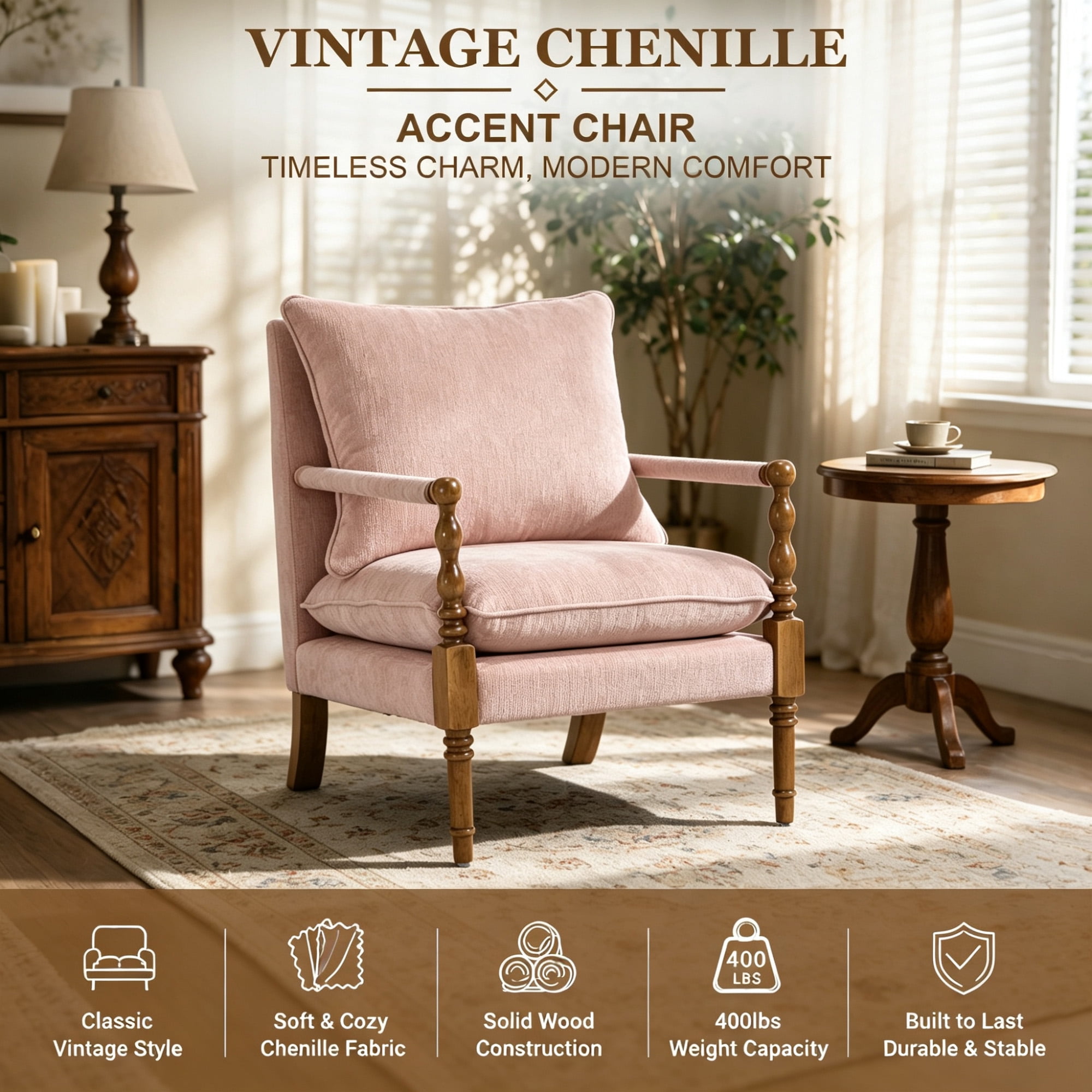 Mid-Century Vintage Spindle Armchair,Chenille Accent Chair with Cushion & Wood Frame for Living Room Bedroom Office,Pink
