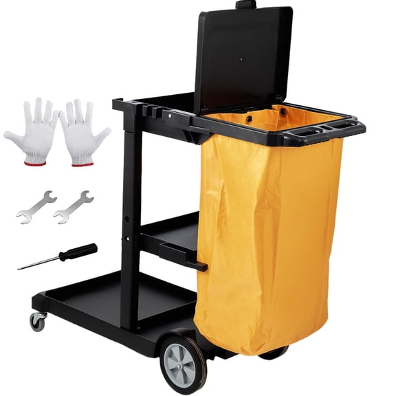 Commercial Janitorial Cart with 25 Gallon PVC Bag, 3-Shelf Plastic Cleaning Cart, 200 lbs Capacity, Yellow&Black, 47 x 20 x 38.6 Inches