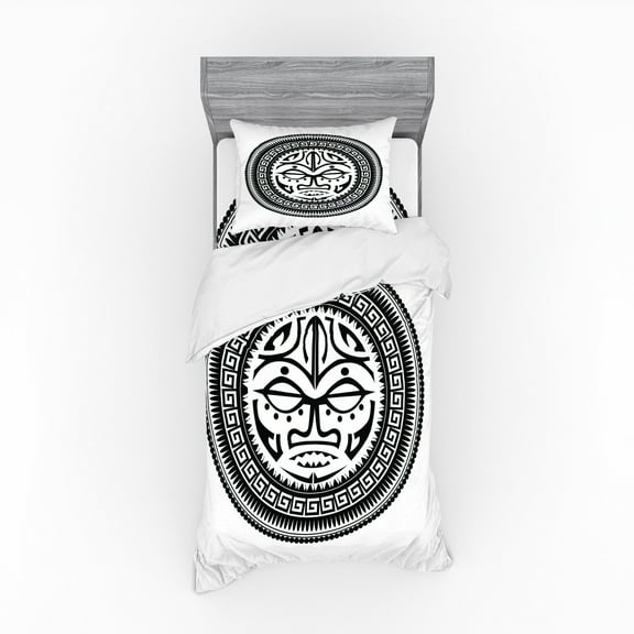 Ambesonne Black and White Bedding Set 3 Pcs, Maori Face, Twin, Black and White