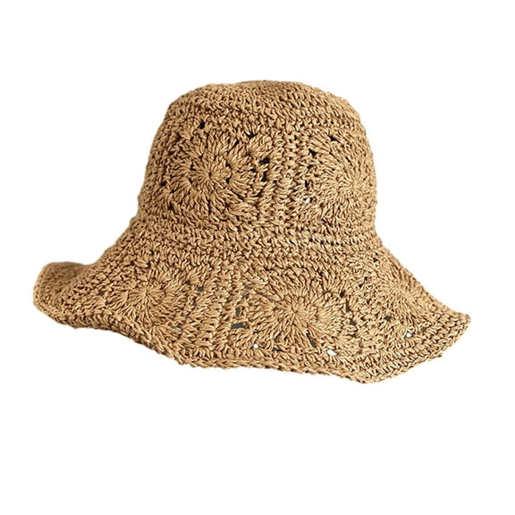 AYYUFE Women Summer Solid Color Crochet Straw Hat Foldable Wide Brim UV Hollow Breathable Beach Bucket Sun Hat Gift