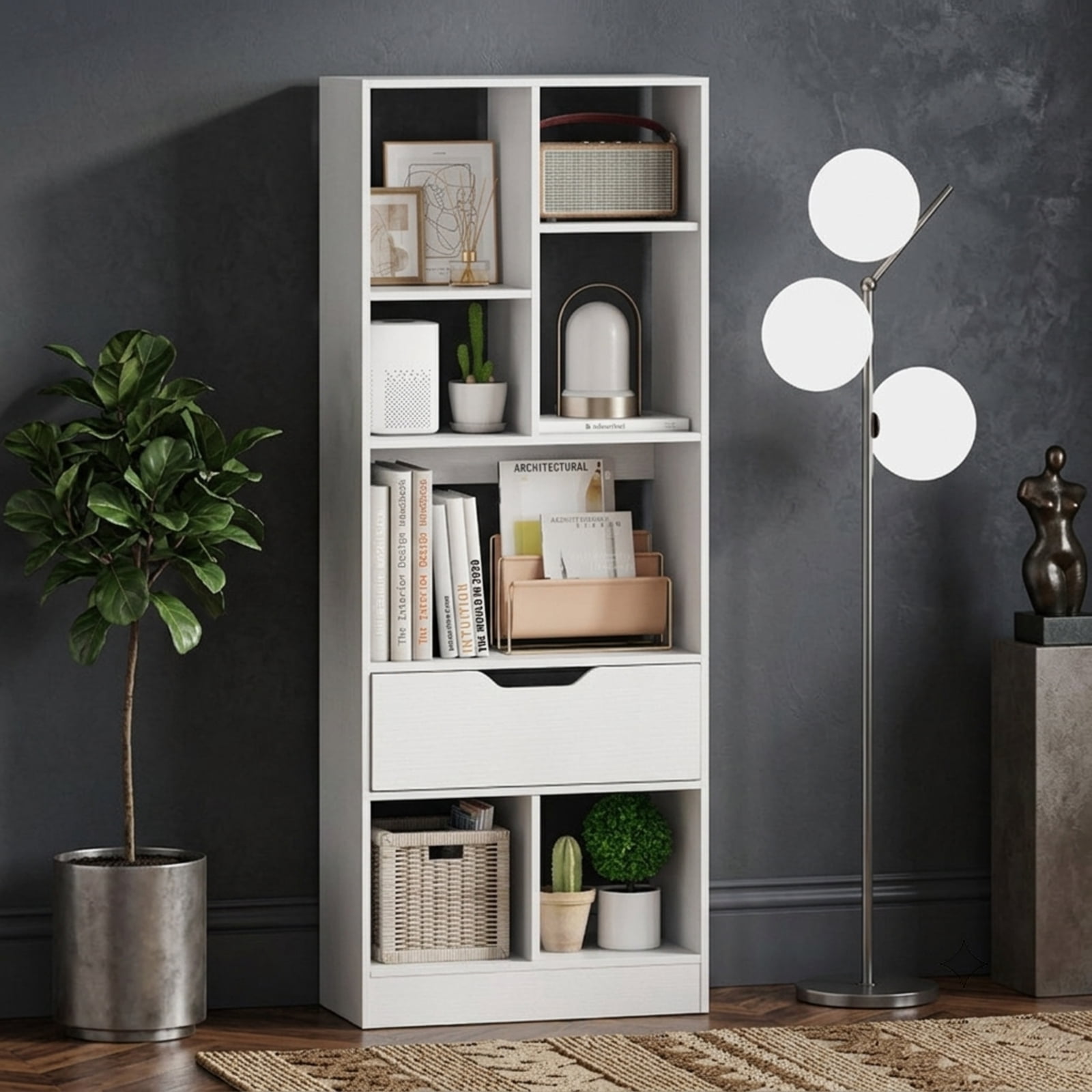Furnibear 51 Inch Tall Freestanding Bookcase with Storage Drawer and 7 Open Cubes Slim Wood Storage Organizer for Bedroom and Office, White
