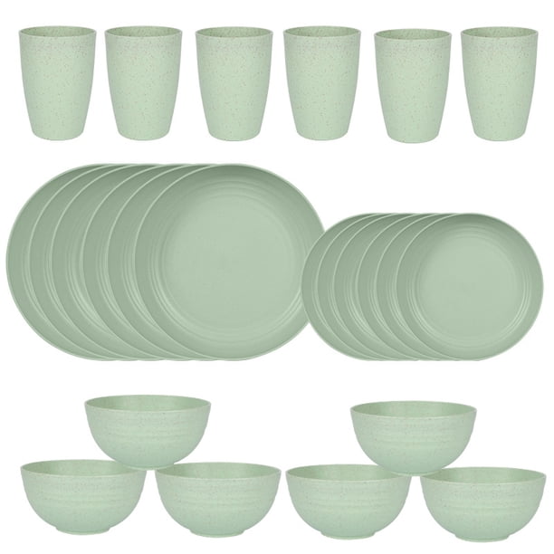 Nvzi 24pcs Wheat Straw Dinnerware Set,Plates and Bowls Set,Camping Dish Set for 6, Plastic Dinnerware Set,Dishwasher Safe Dinnerware Set,Green