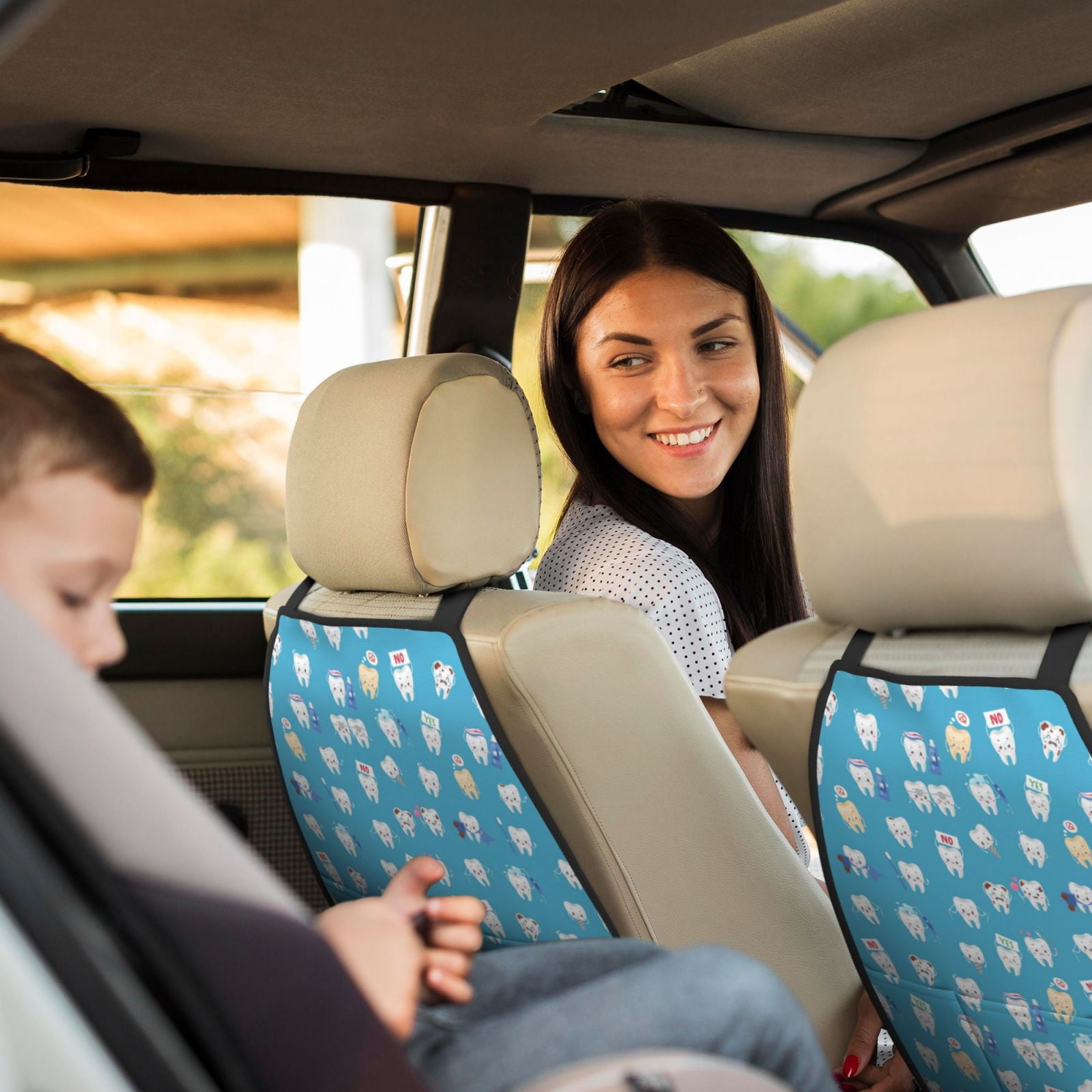 Xecao Healthy And Ill White Teeth Pattern Car Seat Back Protector 2 Pack Large Capacity Pocket, Kick Mats Back Seat Protector