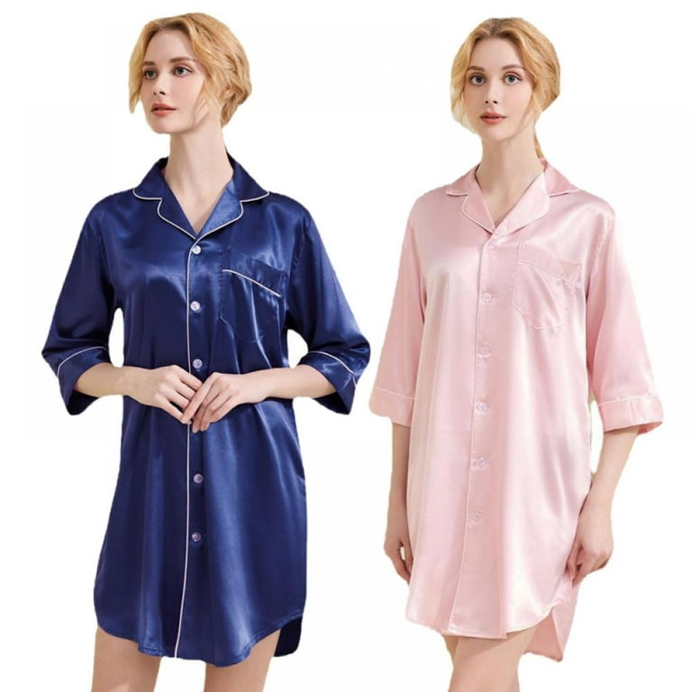 Women Satin Silk Sleepshirt Casual Solid Half Sleeve Button Down Loose  Nightgown Boyfriend Style Nightshirt For Home Wear - Nightgowns &  Sleepshirts - AliExpress