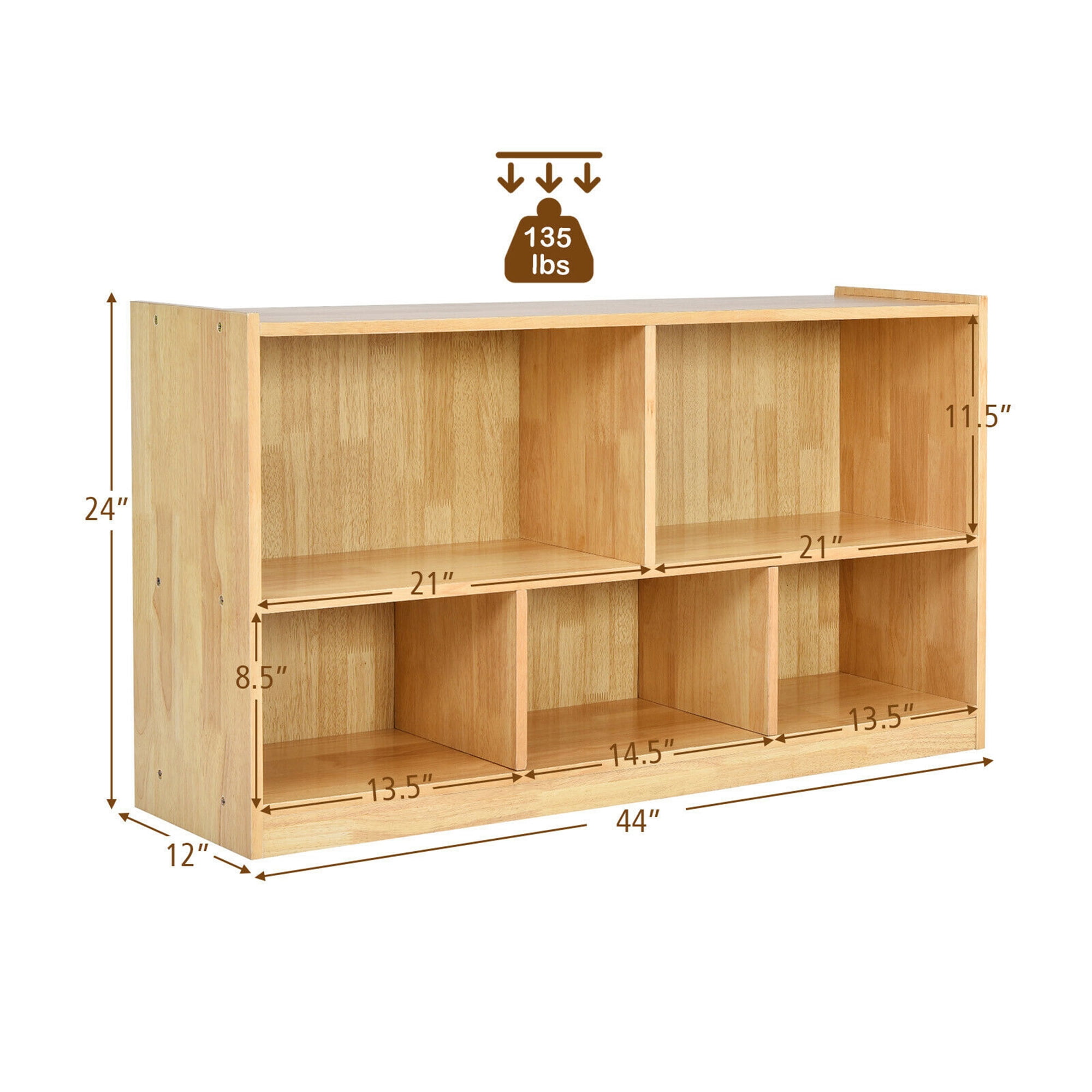 Gymax Kids 2-Shelf Wood Bookcase Organizer 5-Cube Storage Cabinet Natural