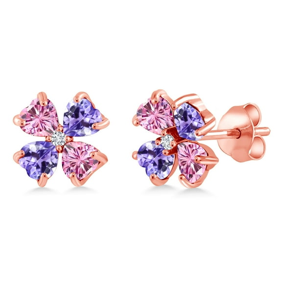 Gem Stone King 18K Rose Gold Plated Silver Pink Moissanite Blue Tanzanite and White Lab Grown Diamond Earrings for Women | 1.95 Cttw | Gemstone | Heart Shape 4MM