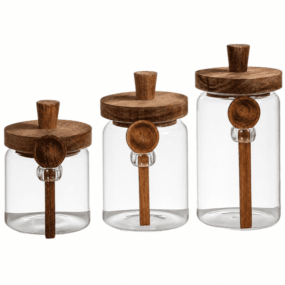 Asoricing 3-Piece Airtight Glass Storage Jars, Wooden Lids & Scoops, Kitchen Countertop, Keep Fresh