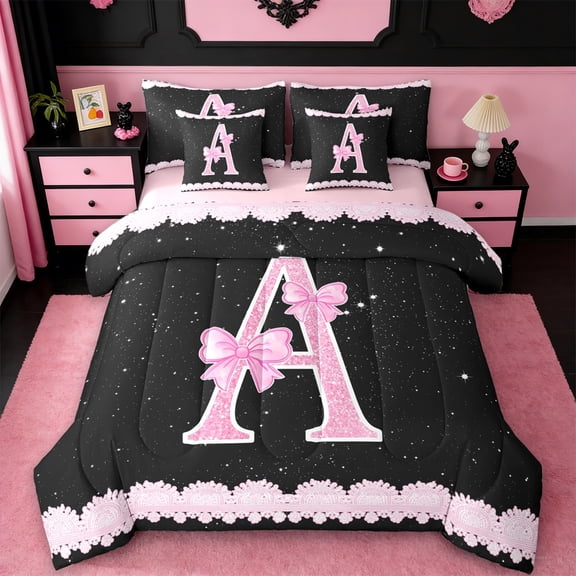 Manfei Letter A Monogrammed 7-Piece Twin Bedding Sets,Pink Bow Bowtie Bedding Comforter Set,Galaxy Starry Sky Sheet Sets For Child,Microfiber Room Decorative Reversible