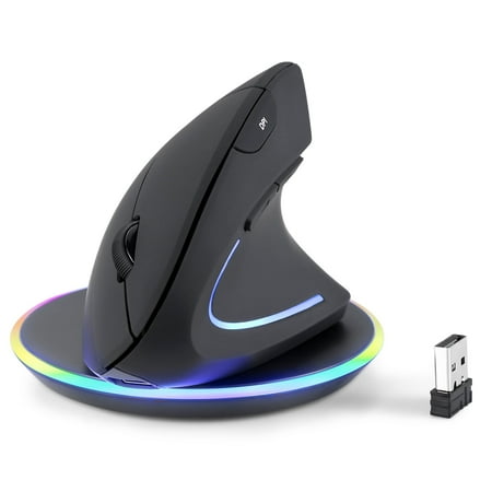 Perixx PERIMICE-713RX Wireless Rechargeable Vertical Mouse - Duo Wired and Wireless Charging Feature - Wireless Charging Pad Included - 6 Buttons Design - Black - Right-Handed Design