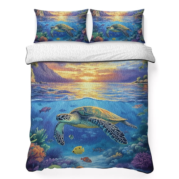 Full Quilt Set 78''x90'', Sea Turtles Lightweight Bedspread Coverlet Set with 2 Pillow Shams, Coastal Coral Tropical Fish Sunset Scenery Breathable All Season Quilt Bedding for Bedroom/Guest Room