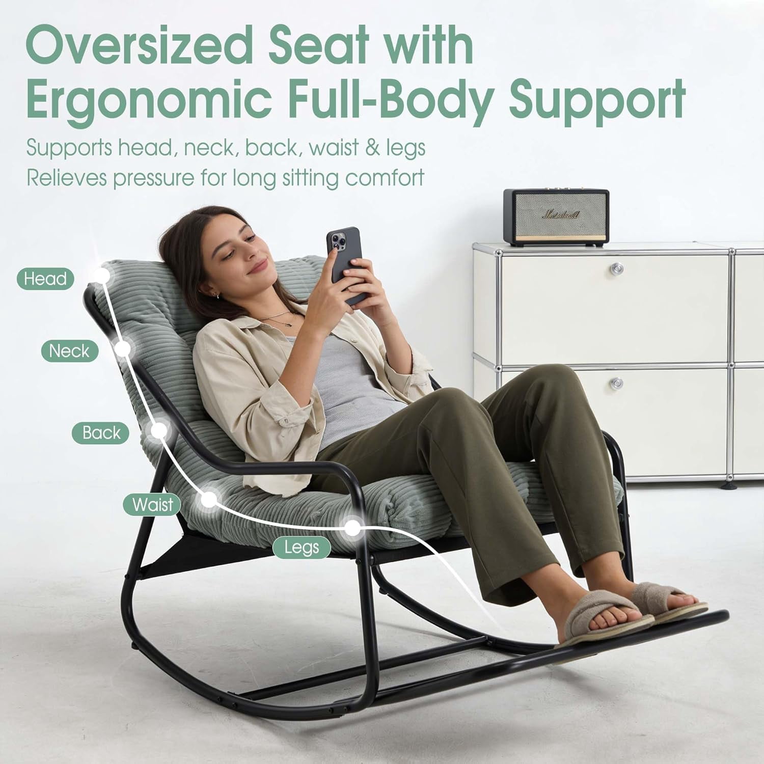 MOONMISS Rocking Chair with Soft Comfy Thick Cushion,Indoor/Outdoor with Footrest,Beige