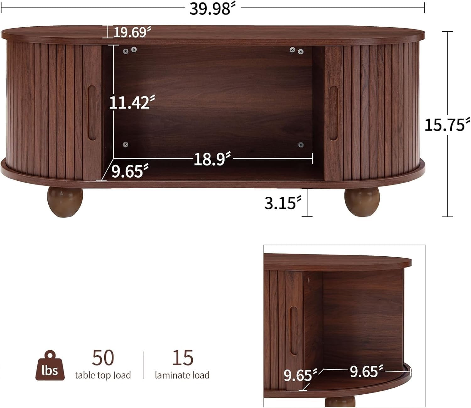 LFGUIZO 39.98” Oval Coffee Table with Hidden Storage, Mid-Century Modern Fluted Wood Coffee Table with 360° Sliding Doors, Solid Wood Legs, Walnut Center Table for Living Room