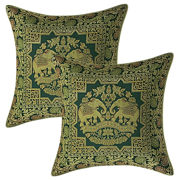 Stylo Culture Indian Decorative Sofa Brocade Dark Green And Gold Throw Pillow Covers 16x16 Jacquard Weave Banarasi Couch Pillow Case Covers Elephant Floral 40x40 cm Cushion Covers (Set Of 2)