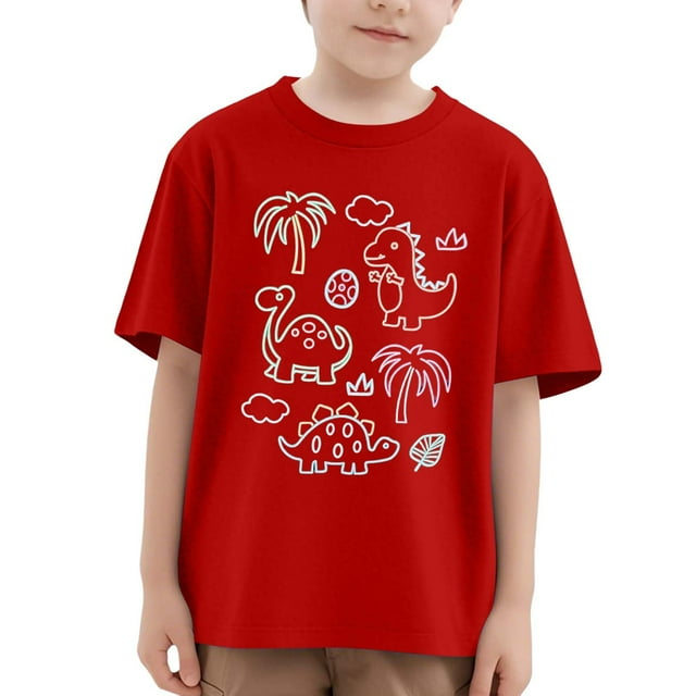 NINGMENG Hauts et T-Shirts pour Filles Tout-Petits Été Imprimé Dinosaure Col Rond Manches Courtes T-Shirts Décontractés Amples Usage Quotidien, Rouge, 4-5 Ans