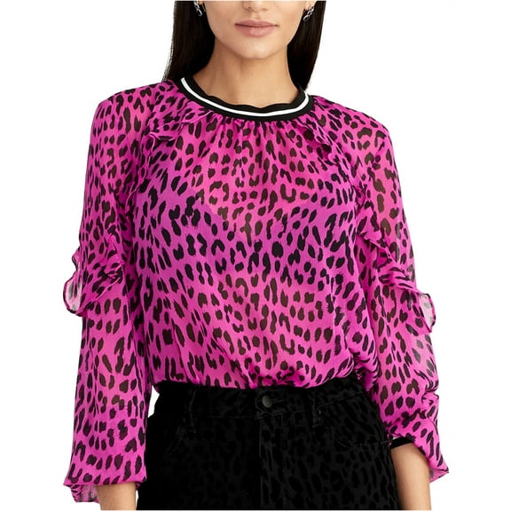 Rachel Roy Womens Sheer Leopard Ruffled Blouse, Pink, 2