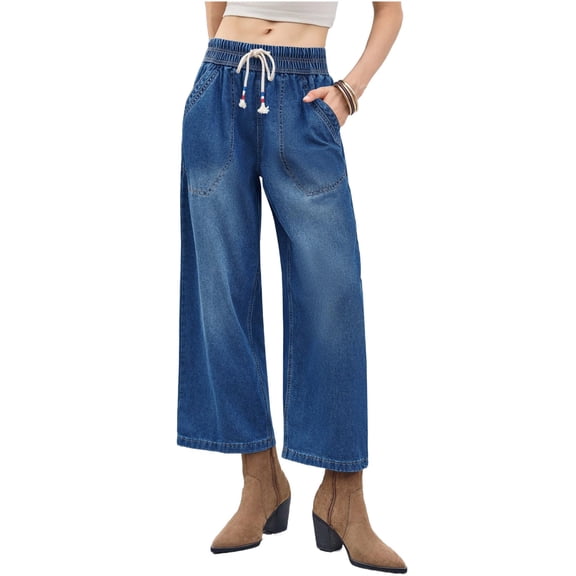 High Waist Women Elastic Waist Casual Ankle Capris Straight Denim Pants Drawstring Jeans