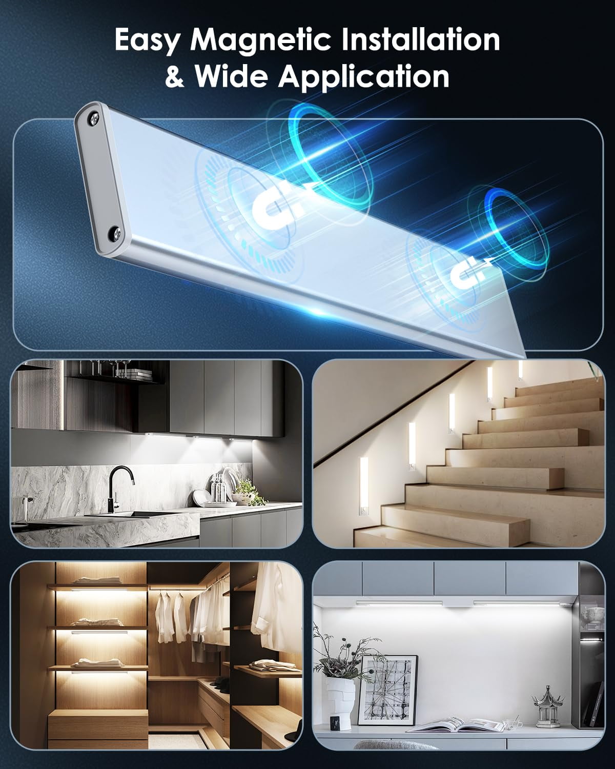 5Pack Under Cabinet Lighting 68LED 2000mAh Rechargeable Battery Operated Motion Sensor Light Indoor
