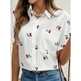 thumbnail image 4 of Women'S Cherry Print Short Sleeve Blouse Collar Button Down Textured Casual Shirts White S, 4 of 9
