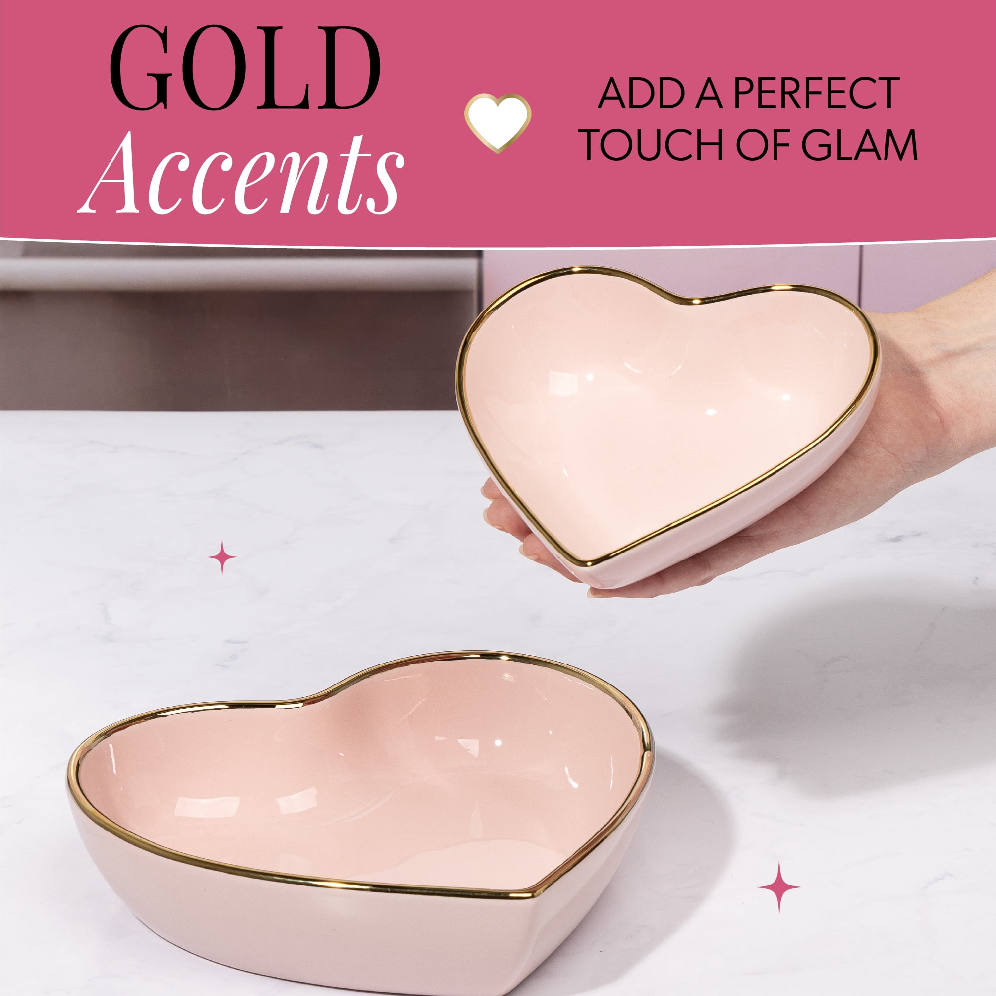 Paris Hilton 2-Piece Stoneware Heart Shaped Dish Set, Gold-Tone Rim, 6-Inch and 8-Inch Dishes, Dishwasher Safe, Pink