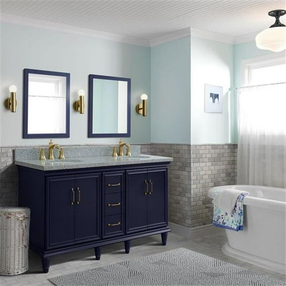 61 in. Double Oval Sink Vanity with Granite Top, Blue & Gray