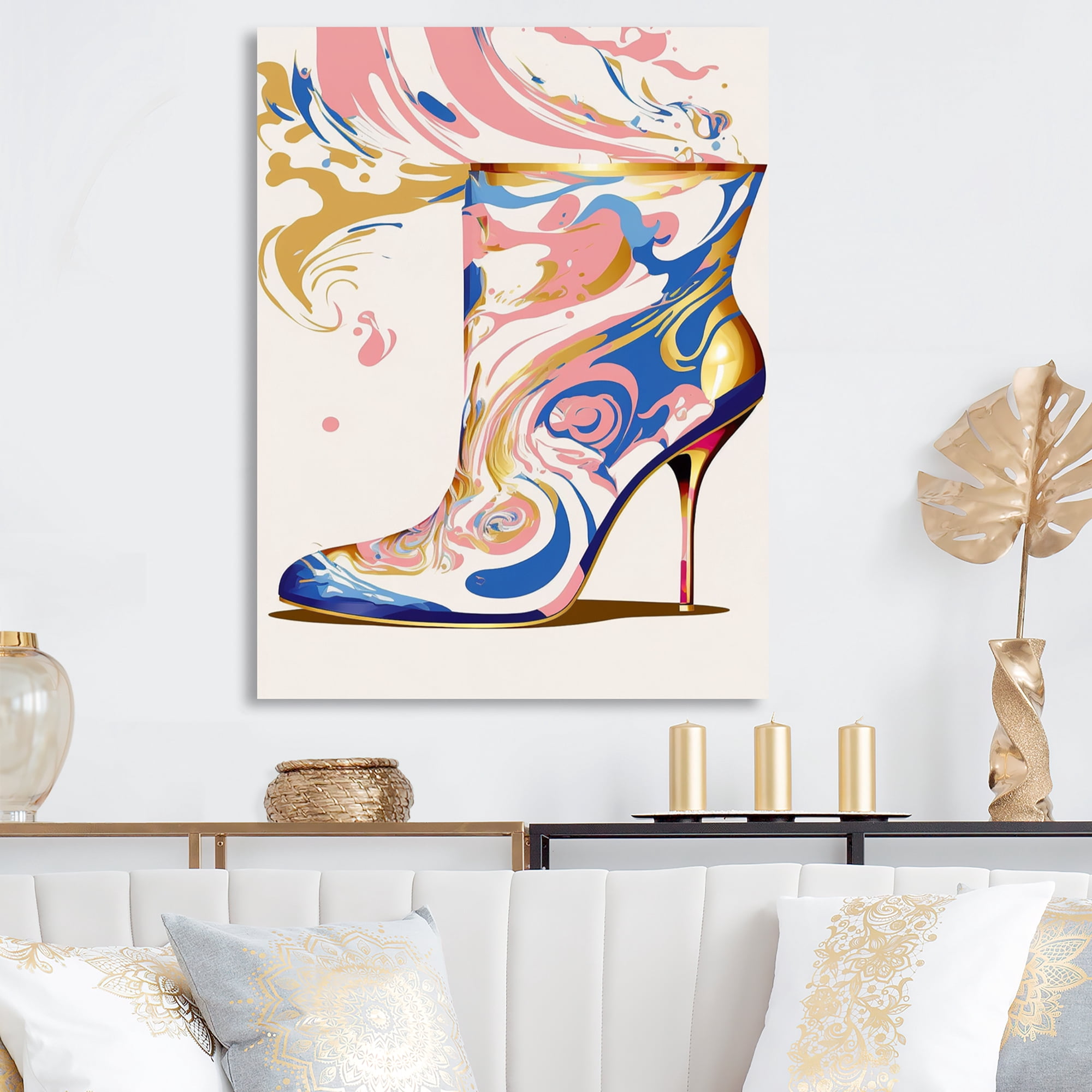 Designart Pink And Blue Art Deco High Heel Boots IV Canvas Wall Art
