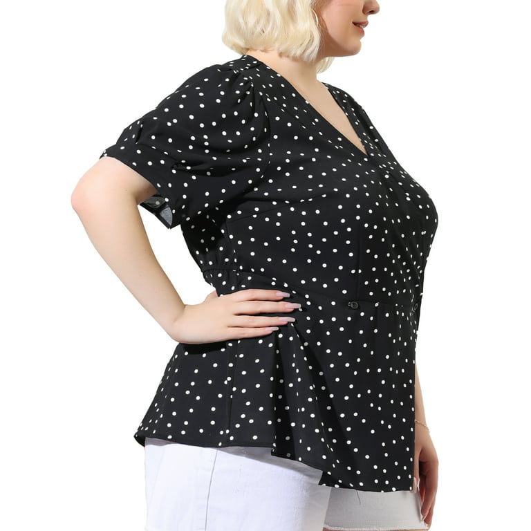 Agnes Orinda Women's Plus Size Tops V Neck Polka Dots Ruffle Short Sleeve  Blouse White 3X 