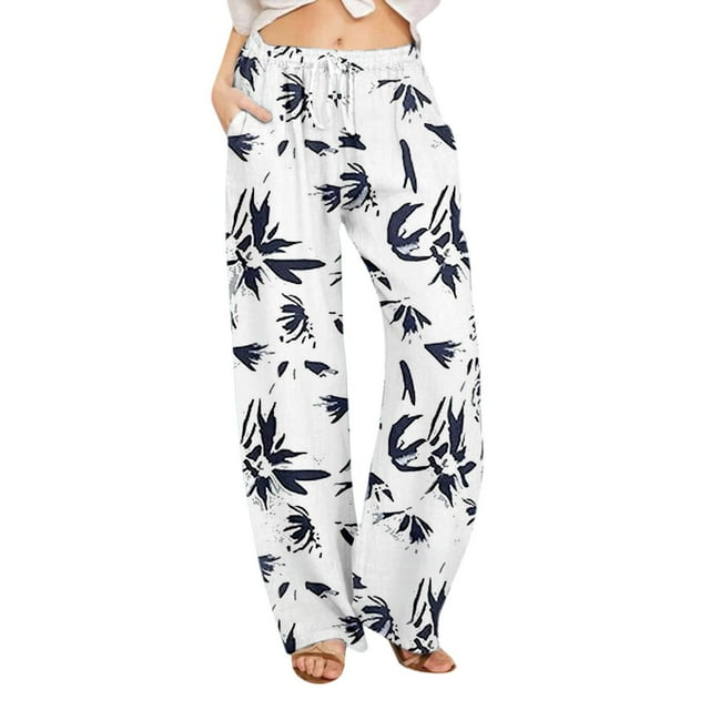 Women's Printed Linen Drawstring Elastic Waist Casual Pull On Beach Trousers with Pockets Comfortable 30 Inch Inseam Lightweight Flowy Design for Everyday Wear and Outdoor Activities