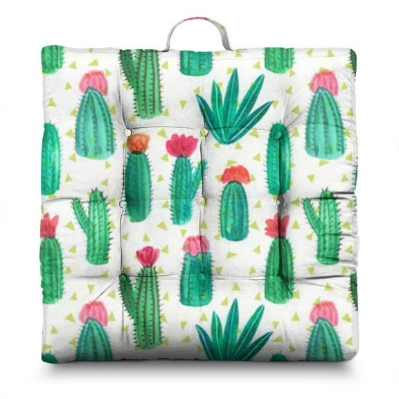 Desert Style Meditation Pouf - Oversized Square Floor Pillow, Retro Cactus Design, 9-Point Tufting for Even Filling, Ideal for Office or Living Room