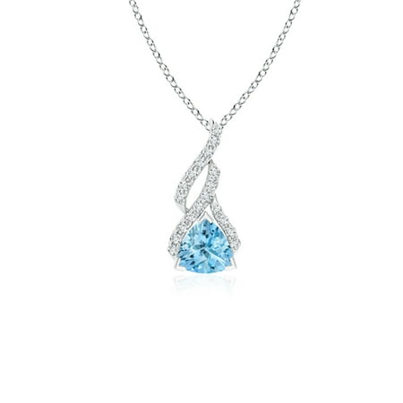 White Topaz Trillion Pendant - Mother's Day Jewelry - Trillion Aquamarine Solitaire Pendant with Diamond Swirl in 14K White Gold (5mm Aquamarine) - SP0158AQD-WG-AAAA-5