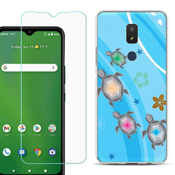 Slim-Fit TPU Fashion Phone Case for Cricket Icon 3, with Tempered Glass Screen Protector, by OneToughShield ® - Happy Turtle
