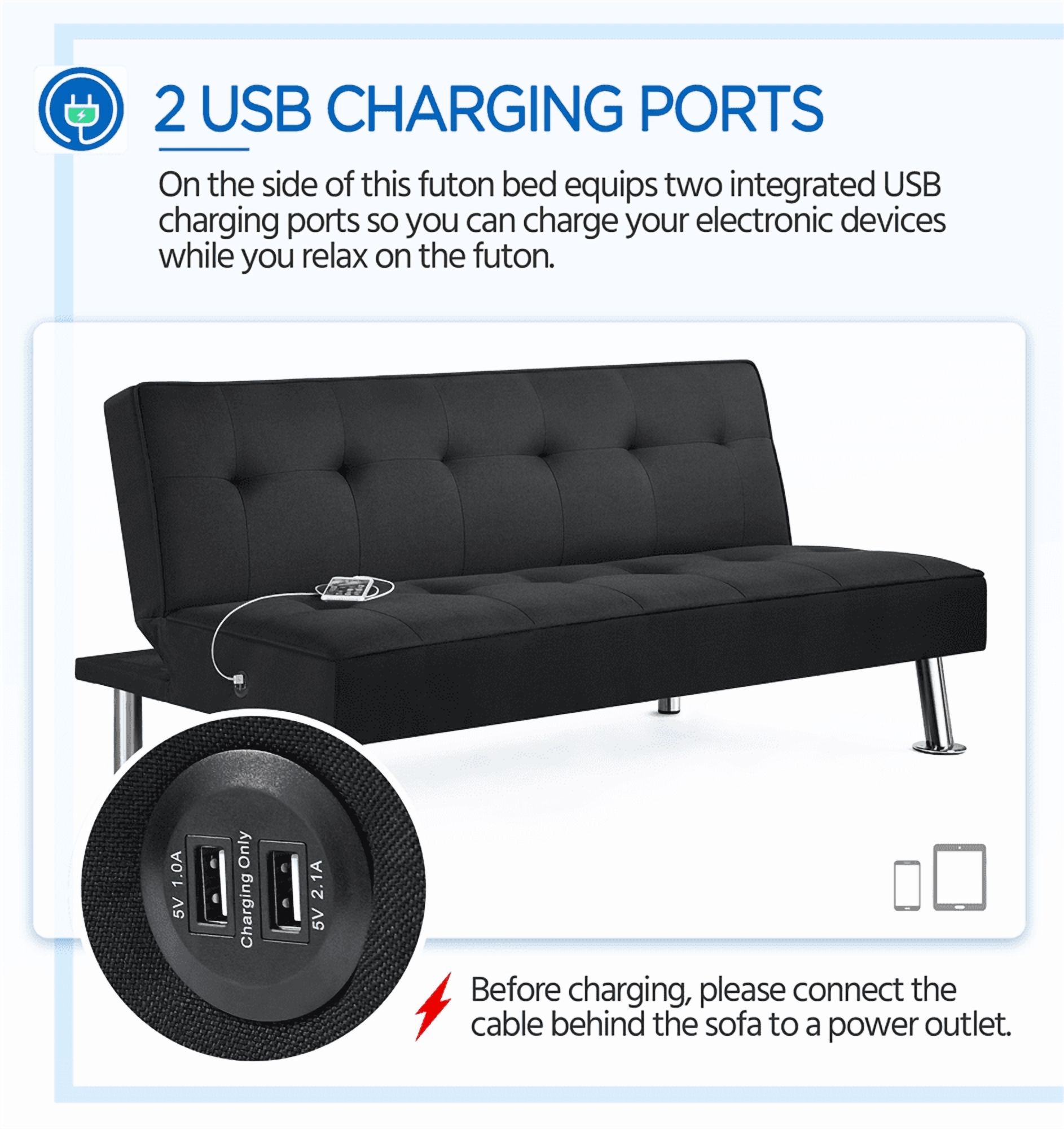 Alden Design 66 in Modern Futon with USB Charging Ports photo 7