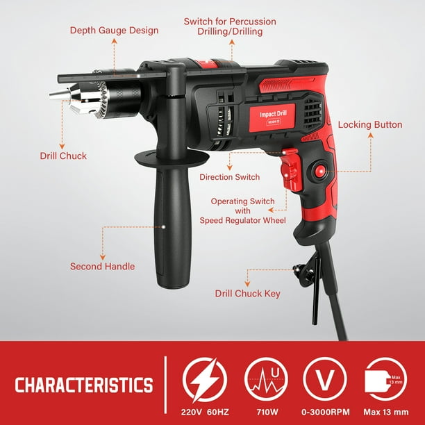 Taladro De Percusión 850W, 3000 RPM – Mango Giratorio 360°, 2 Modos (Martillo/Taladro), Mandril 13mm, Para Acero, Hormigón Y Madera