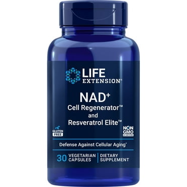 Life Extension NAD  Cell Regenerator and Resveratrol Elite, nicotinamide riboside, NR, trans-resveratrol, quercetin, fisetin, vegetarian, non-GMO, gluten free, 30 capsules