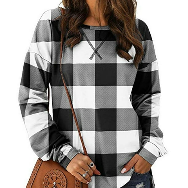 Guardurnaity Jersey femenino a cuadros de manga larga para mujer, sudadera deportiva con parte inferior dividida, sudadera informal para chica Prendas para la parte del cuerpo negro METRO