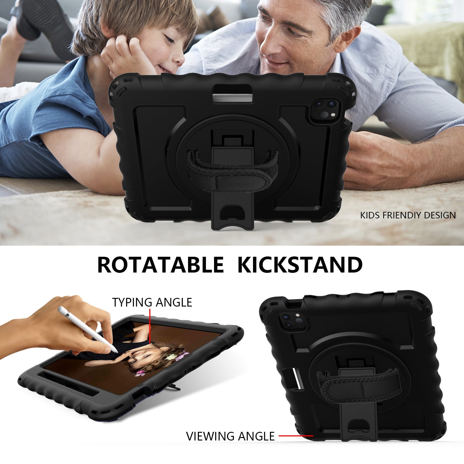 Allytech iPad Air 5 4 10.9 Case 2022/2020, Heavy Duty Shockproof Kids Case with Pencil Holder Hand Strap Kickstand Shoulder Strap for Apple iPad Air 5th 4th Generation 10.9 Inch -Black