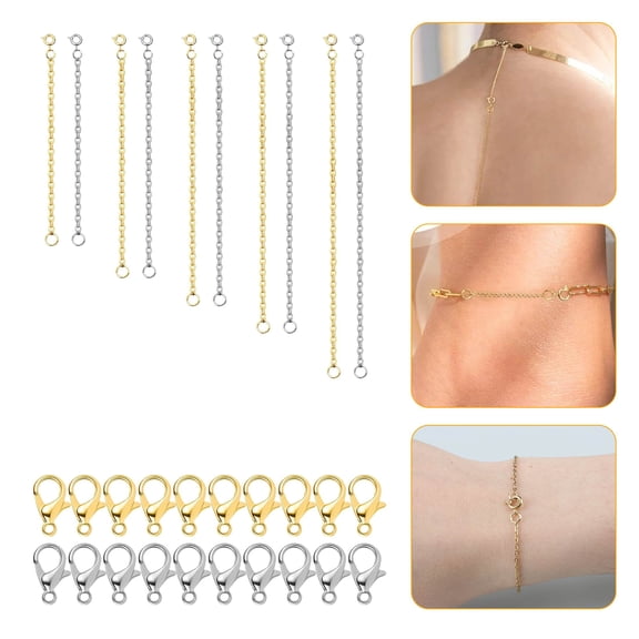 TSV Necklace Extenders, 10pcs Chain Extenders with 20pcs Lobster Clasps, Gold and Silver Plated Stainless Steel Extension Chain for Women Jewelry Making, DIY Necklace, Dog Tag, Keychain