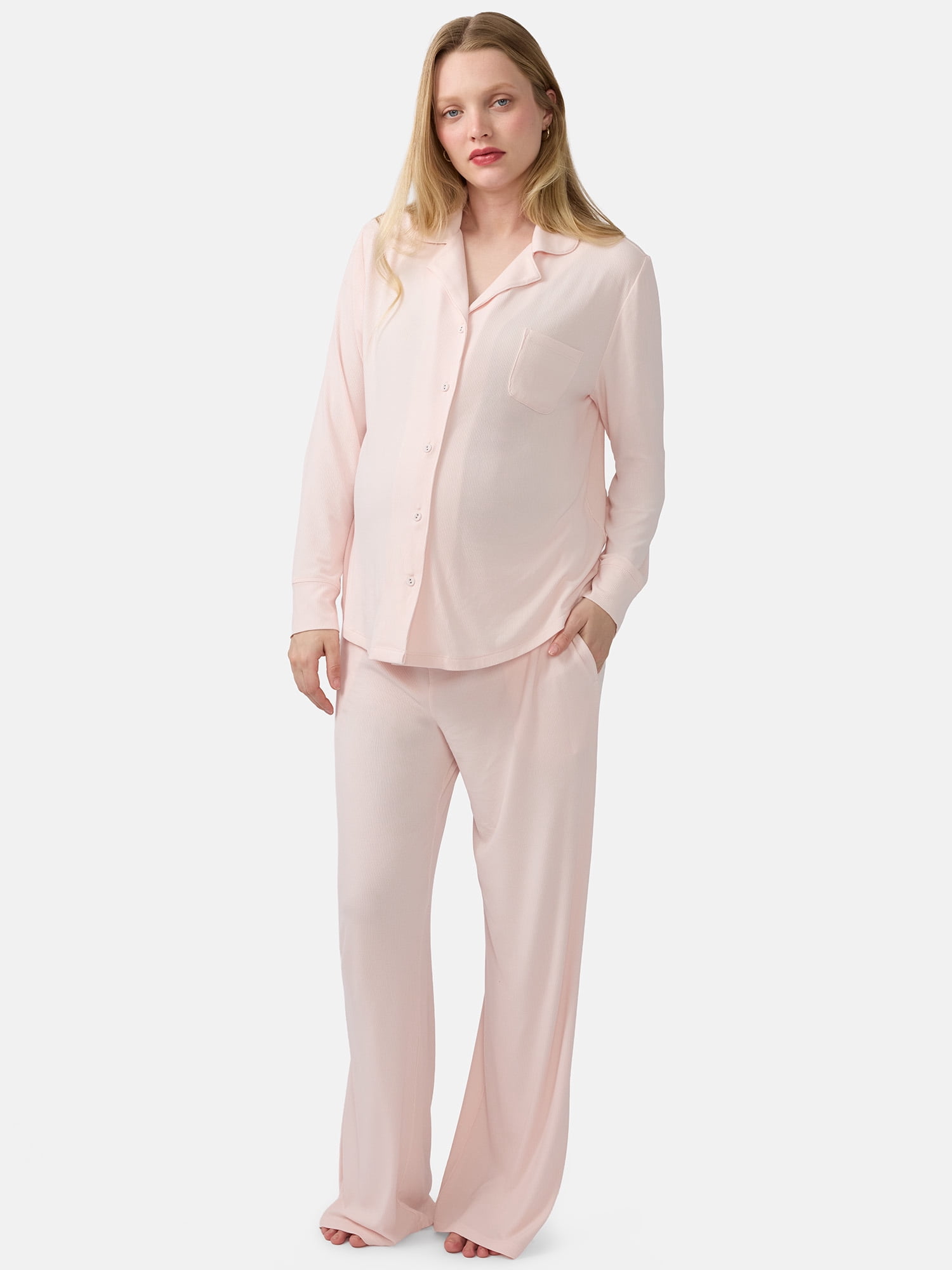 Ingrid & Isabel For Every Belly Women's Maternity Long Sleeve Button Down Shirt & Open Leg Pajama Set, Sizes S-XXXL