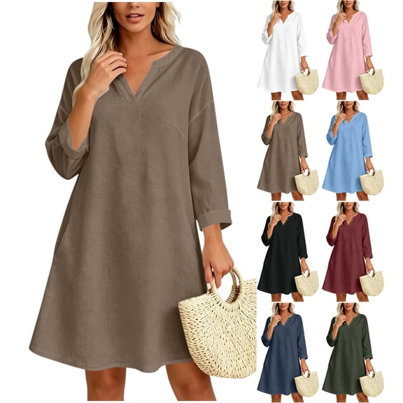 Women Solid V Neck 3/4 Sleeve Cotton Linen Mini Dress, Loose Casual Swing Dress, Breathable Vacation Dress Khaki XL(XL)